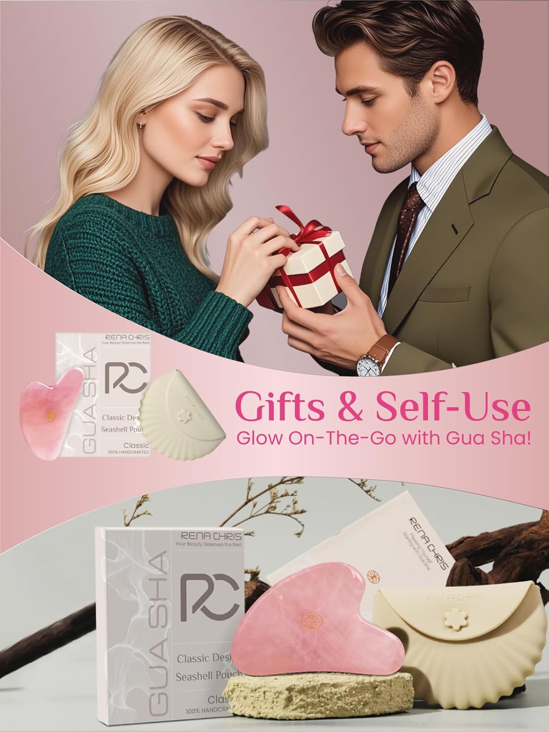 Rena Chris Gua Sha Facial Tools, Ergonomic Rose Quartz Guasha Tool for Face Massage, Manual Facial Massager Tool for Jawline Sculpting and Puffiness Reduction with Silicone Case (Pink)