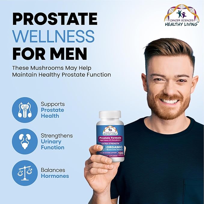 Cancer Sciences Prostate Wellness Supplements for Men, USDA Certified Organic Mushrooms Extract, Extra Strength 1,500 mg, High Potency 40% Beta-Glucans, Immune, Anti-Aging, Antioxidants, 120 Capsules