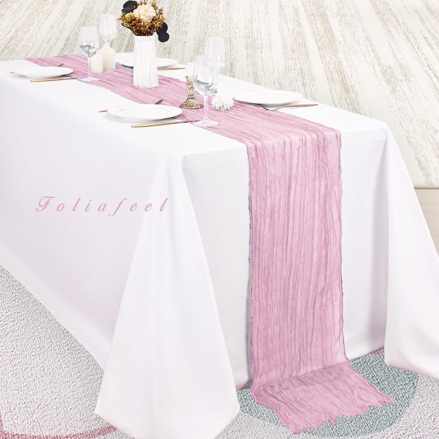 Light Pink Cheesecloth Table Runner 12 Pack 10FT Rustic Gauze Fabric Cheese Cloth Table Runner for Wedding 20 x 120 Inch Long Bridal Baby Shower Table Decorations Boho Sheer Birthday Party Table Decor