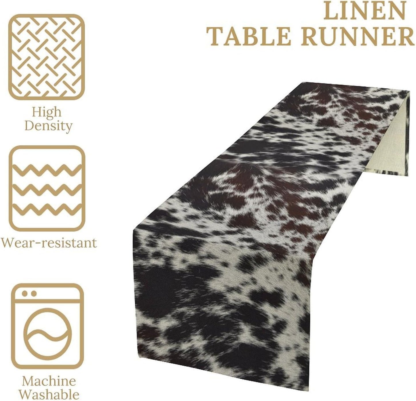 Cow Print Table Runner, Country Farm Animal Fur Skin Pattern Western Style Black Brown Cowhide Print Dinner Runner for Home Kitchen Dining Home Setting, 13x70 Inch