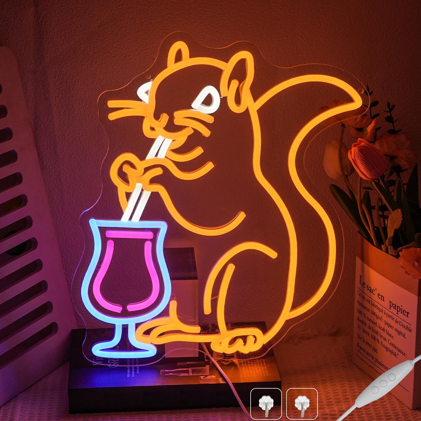 Squirrel Cocktail Neon Sign for Wall Decor, Orange Squirrel Neon Light, USB Powered Animal Cocktail Bar Led Light Up Sign for Bar, Bedroom, Man Cave, Business, Game Room