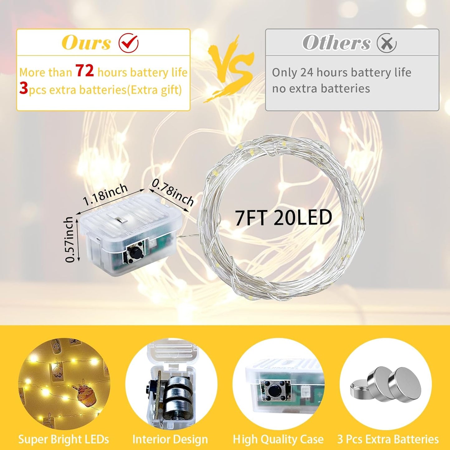 24 Pack Yellow Fairy Lights 7Ft 20 LED Twinkle String Lights 3 Modes Battery Operated Waterproof Firefly Starry for Mason Jar Party Wedding Christmas Valentines Day Table Centerpieces