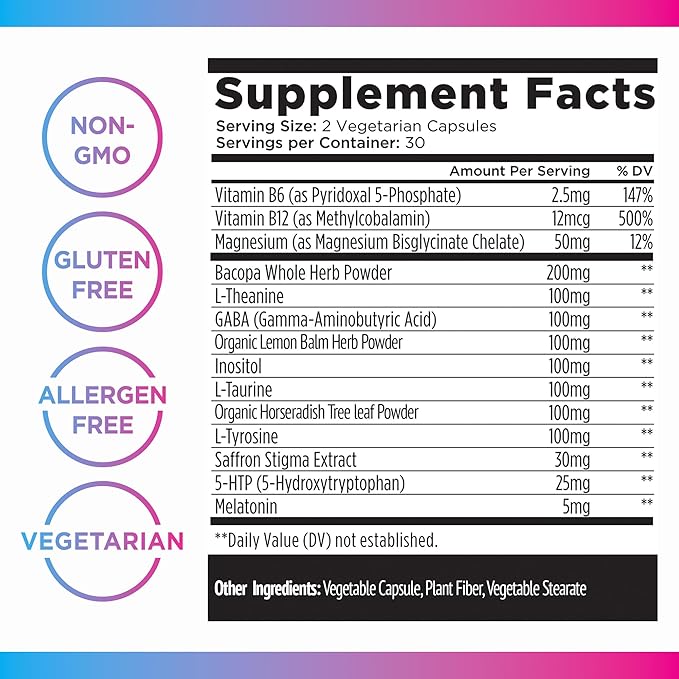 Livingood Daily Mood Support Supplement for Women & Men, 14-in-1 Formula with L Theanine, Lemon Balm, GABA, Saffron, 5-HTP & B12, Supports Focus & Emotional Wellness, Gluten Free, Vegan, 60 Capsules