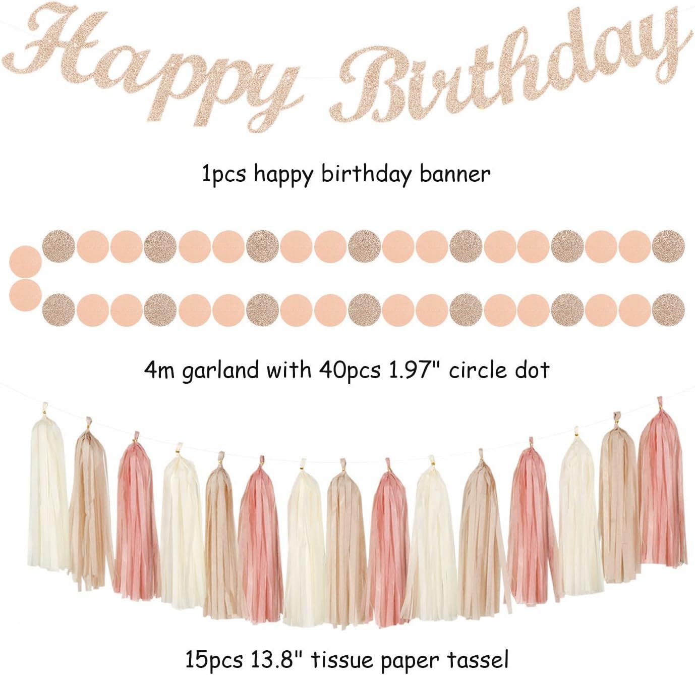 Blush-Pink Champagne Beige Happy-Birthday Party-Decorations - 31pcs 15th Women Girls Paper Lanterns Streamers Banner,Rose Gold Tissue Flowers Pom Poms Fans Tassels Graland Decor Supplies Hugmoon