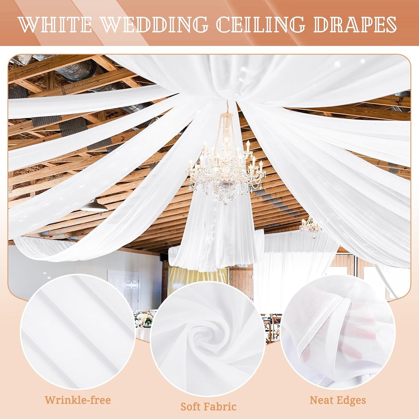 6 Panels White Ceiling Drapes for Wedding 5ftx10ft Sheer Drapery Chiffon Fabric Arch Draping Curtains for Party Ceremony Birthday Baby Shower Reception Stage Ceiling Decorations