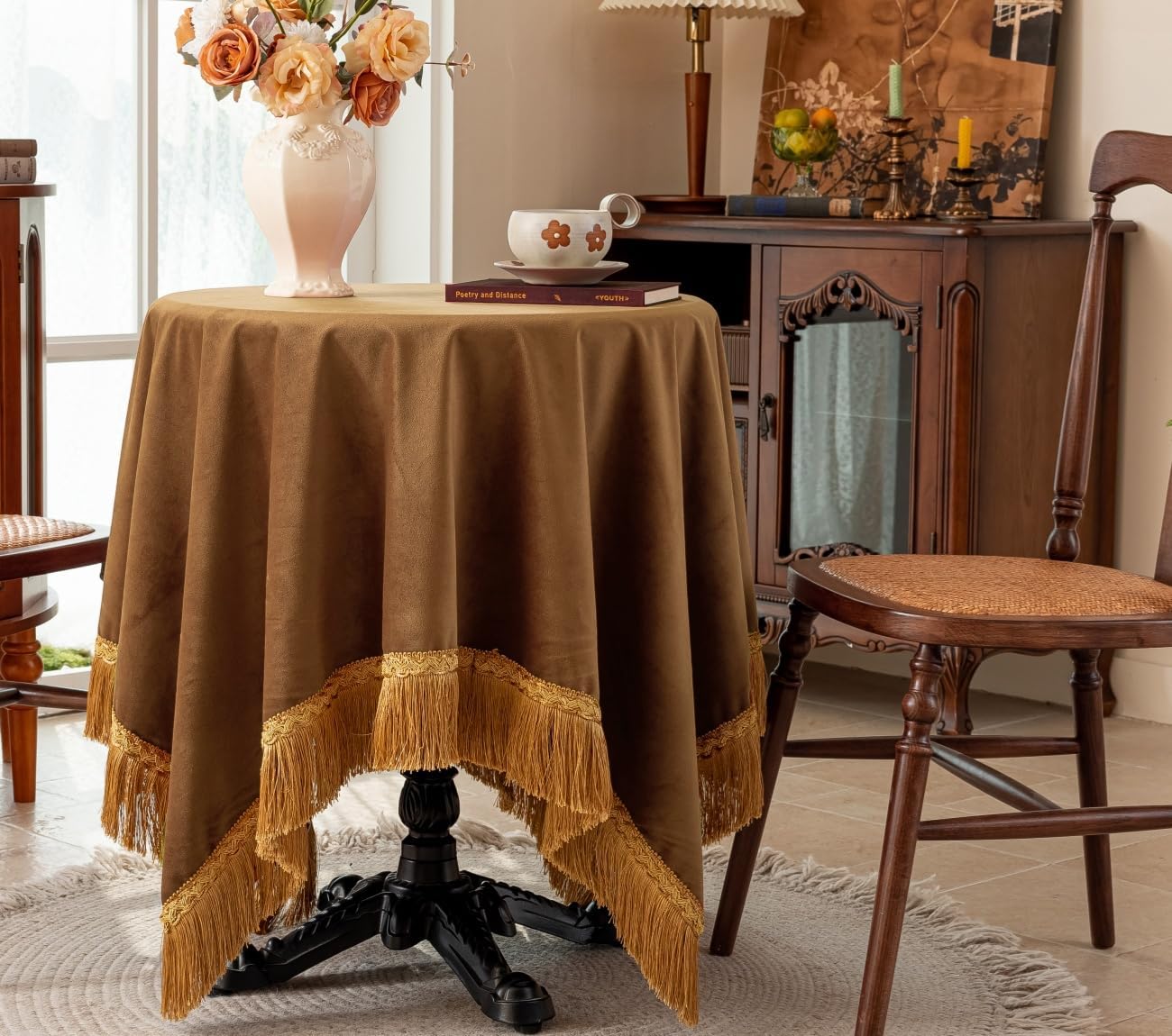 F-CHU Luxury Camel Tablecloth Thickset Velvet Tablecloth with Beautiful Gold Tassels Vintage Table Cloth for Home Decor Wedding, Party, Banquet and Events 60x60-Inch