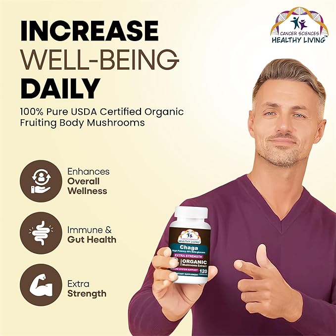 Cancer Sciences Chaga Wellness Mushrooms Supplement, USDA Certified Organic Mushroom Extract, Extra Strength 1,500 mg, High Potency 40% Beta-Glucans, Immune Support, Gut Health, Antioxidant, 120 Caps