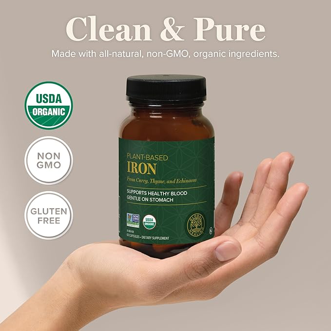 Global Healing Iron Supplement for Women and Men - Blood Builder Liquid Iron Vitamin with Curry Plant Extract - Natural Energy to Combat Fatigue, Brain Health & Oxygen Level Support (2 Oz)