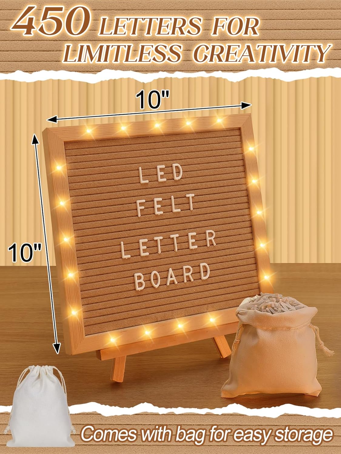 Light up Changeable Felt Letter Board Sign with LED Lights - 10×10" Message Board & Wood Stand & 450 Letters, for Halloween/Birthday/Event/Pregnancy/Baby Announcement/Home Wall Decor Gifts, Camel