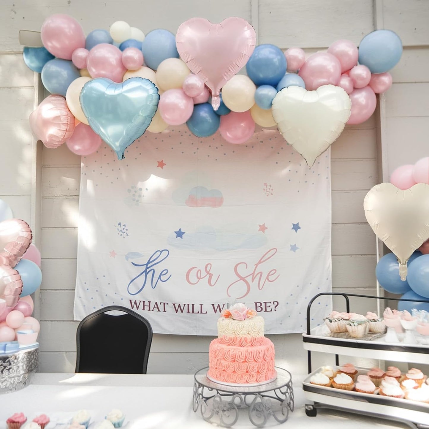 Pale Dusty Pink and Blue Balloons 18 Inch Heart Balloon *4, Pastel Dusty Blue Pink Cream White Gender Reveal Decorations for Baby Shower Boy Girl Neutral Heart Mylar Shape Foil Balloons as Boho Decor