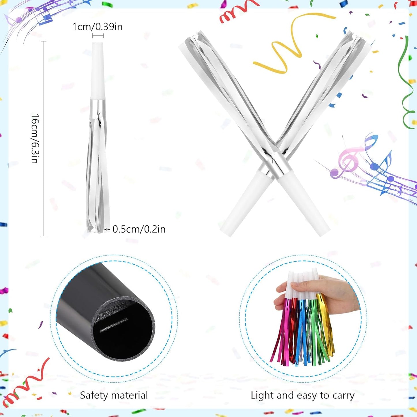 48 Pcs Silver Noise Makers Glitter Metallic Fringed Noise Makers Horns for Baby Shower, Kids Birthday, New Year Party Favor - Silver