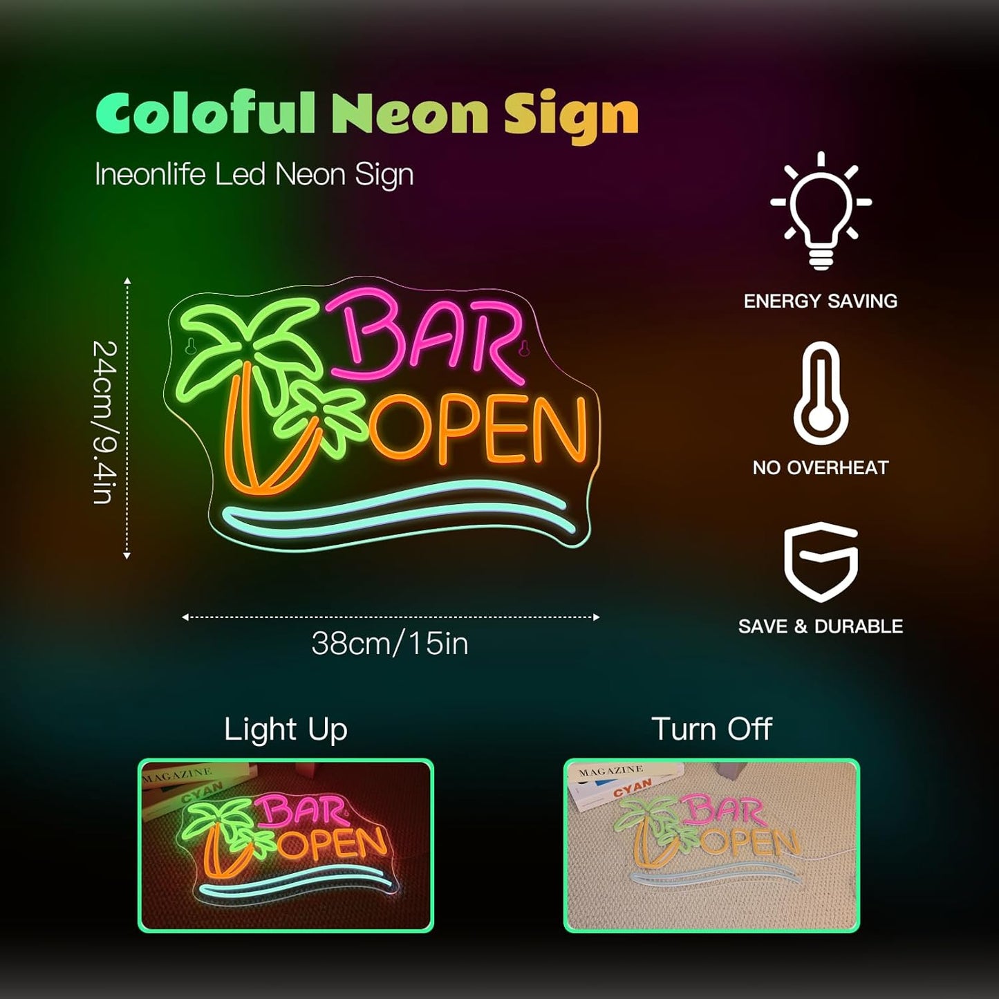 Ineonlife Coconut Tree Open Neon Sign Bar Neon Signs for Wall Decor Palm Tree LED Lights for Beer Bar Cafes Man Cave Shop Hotel Party Decorations Teen Boy Gift