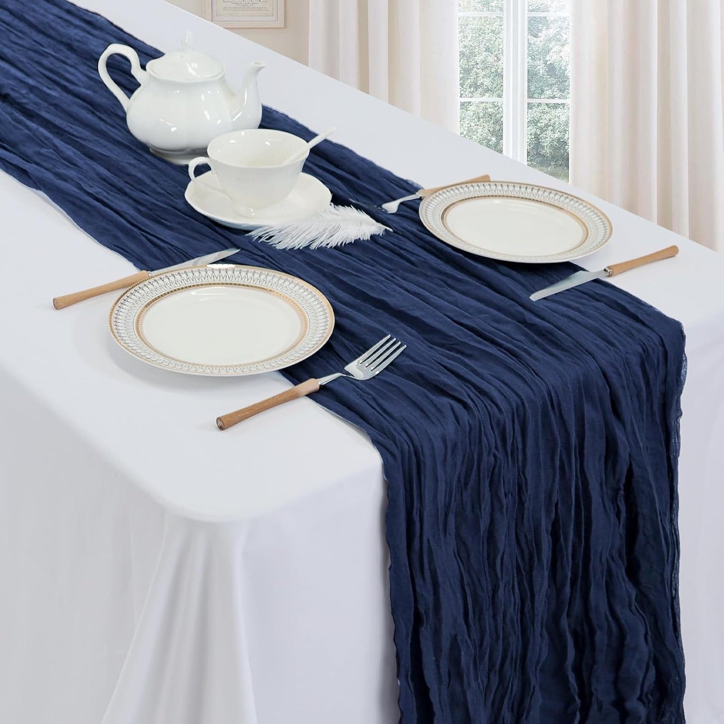 6 Pack Navy Blue Cheesecloth Table Runner 10ft Boho Gauze Fabric Cheese Cloth Table Runner 35 x 120 Inch Rustic Sheer for Romantic Wedding Decor Baby Shower Party Table Decoration