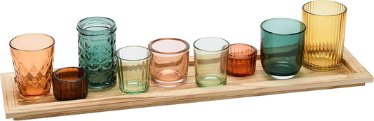 Creative Co-Op Round Glass Votive Holders on Wood Tray, Yellows & Greens, Set of 9