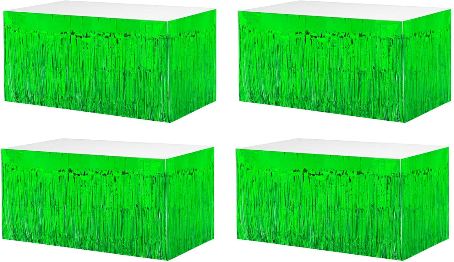 4 Pack 29x108 Inch Metallic Foil Fringe Tinsel Table Skirts for Rectangle Tables Streamer Curtains Backdrop for Wedding, Birthday, Parade Floats, Christmas, Halloween Party Decoration(Green)
