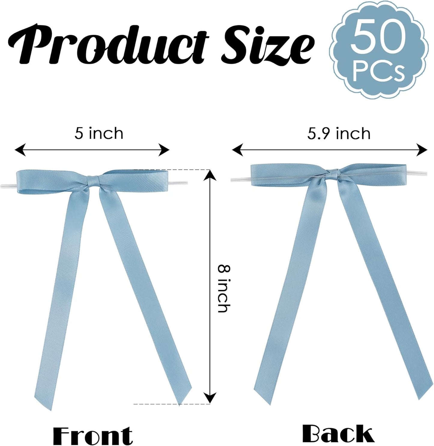 50 PCs Dusty Blue Bow 5 Inch Long Tail Bows for Gift Wrapping, Easter Bow Party Decorations, Twist Tie Bows, Satin Bows for Crafts, Premade Bows for Presents, Treat Bags, Bottles, Cakes