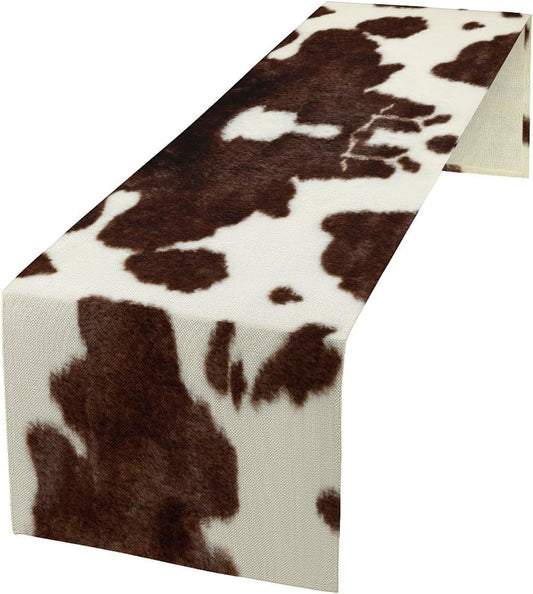 Cow Skin Print Table Runner, Safari Wildlife Brown Country Farm Cowhide Pattern Cotton Linen Rustic Cottage Table Runner for Dinning Home Party Holidays Home Setting, 13x60 Inch