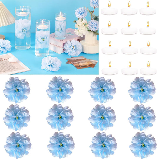 24 Pcs Floating Candles for Centerpieces and Floating Flowers Vase Fillers for Centerpieces Artificial Blue Flowers for Wedding Party Home Table Decoration