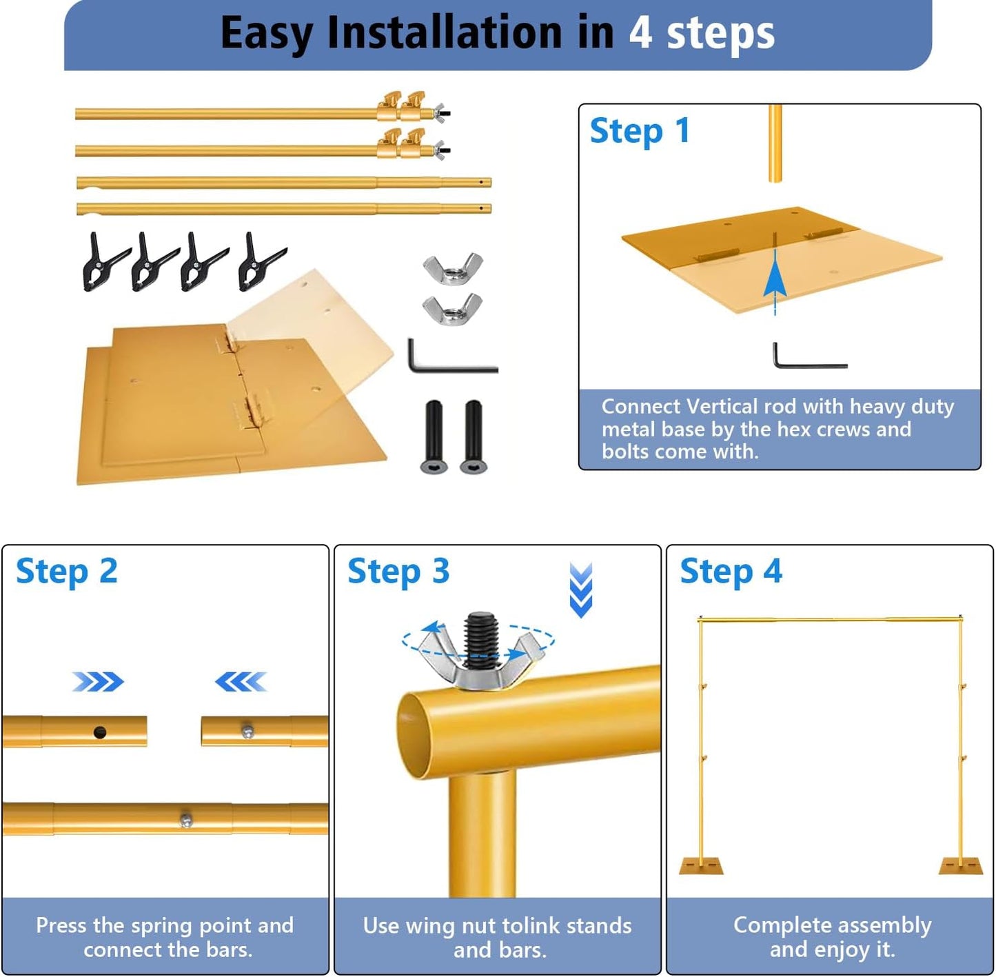 Pipe and Drape Photography Backdrop Stand Kit - Titanium Gold Adjustable Photo Background Stand 10ft x 6.5ft with Metal Base for Parties Weddings Birthday Party Events Photo Booth