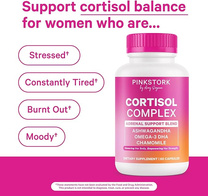 Pink Stork Cortisol Supplements for Women - Adrenal Support + Stress Manager with Organic Ashwagandha, Omega 3, Saffron, Multivitamins - Hormone Balance for Women - 60 Count