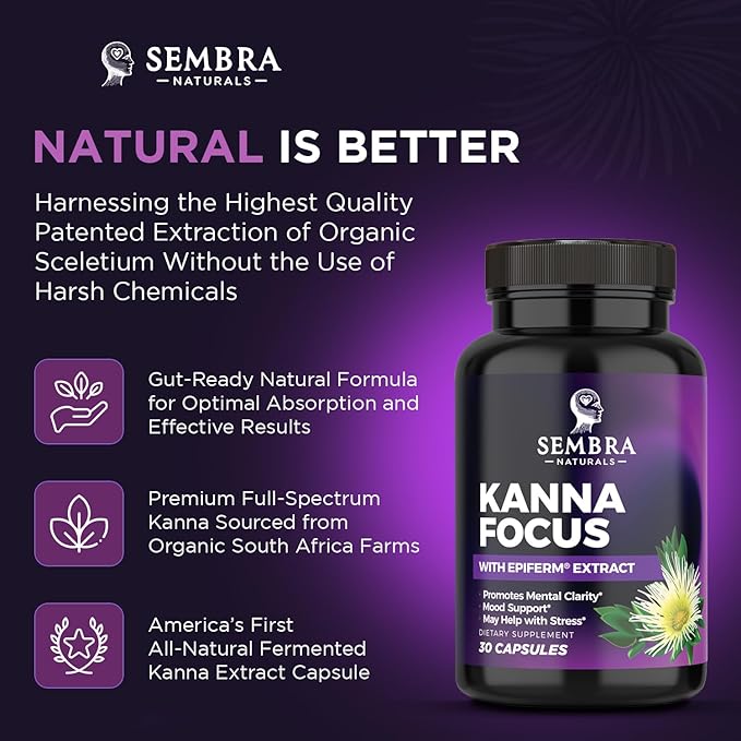 KANNAFOCUS - Natural Kanna Extract Capsules 50mg Kanna Supplements with Sceletium Tortuosum, Bioperine for Enhanced Focus, Motivation & Mental Wellness - 30 Veggie Capsules
