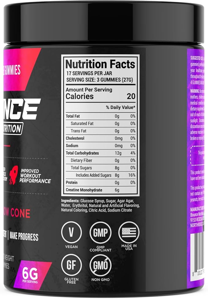 Bounce Pro Creatine Monohydrate Gummies for Men & Women, Low Calorie, 6G of Creatine per Serving, Vegan, Anti-Melting, Gluten-Free, Non-GMO, 2g of Creatine per Gummy (51ct, Berry Snow Cone)