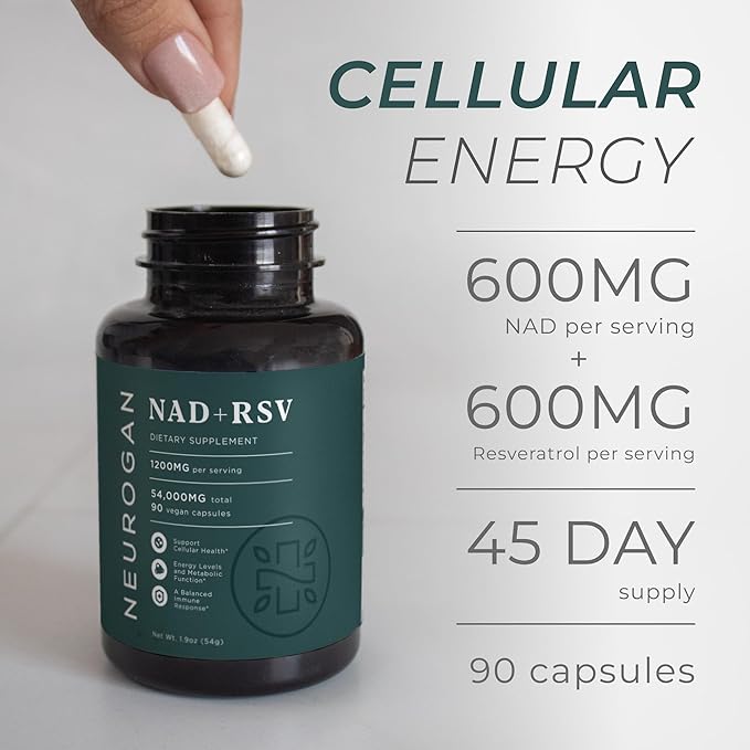 Neurogan NAD+ with Resveratrol Capsules 1:1 Ratio - 1200mg Per Serving, 90 Ct - Cellular Health & Healthy Aging Supplements, Energy & Immune Support - Nicotine Adenine Dinucleotide NAD+ Supplement