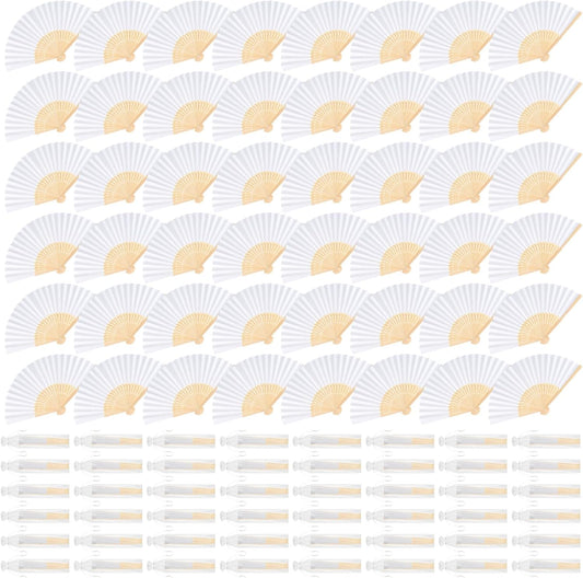48 Pieces White Hand Held Bamboo Folding Fans Paper Fans Handheld for Women Foldable Girls Wedding Decoration Church Home Party Favors Summer