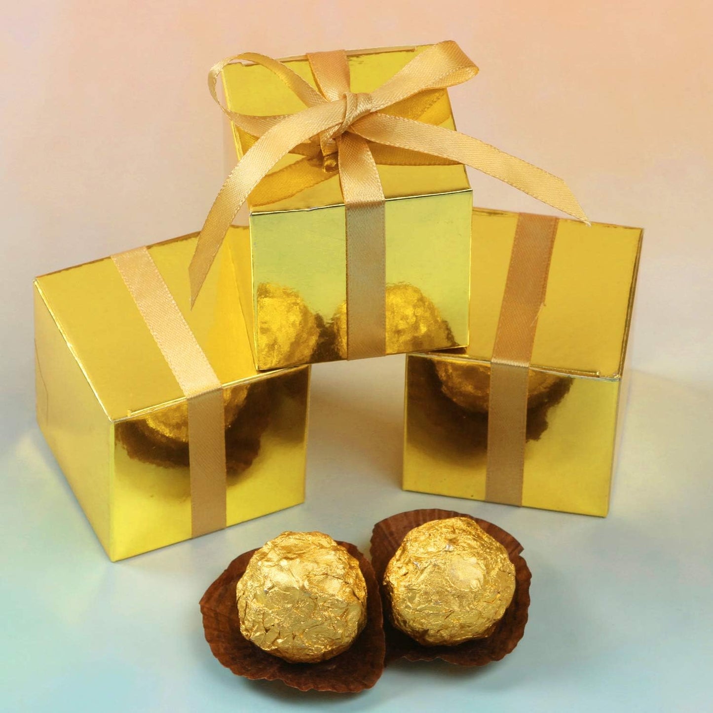 COTOPHER 100pcs Wedding Favor Boxes, Paper Gift Boxes 3x3x3 Inches Small Gift Boxes with Ribbons Small Boxes for Gifts, Crafting, Cupcake, Candy, Bridesmaid Proposal Boxes (Metallic Gold)