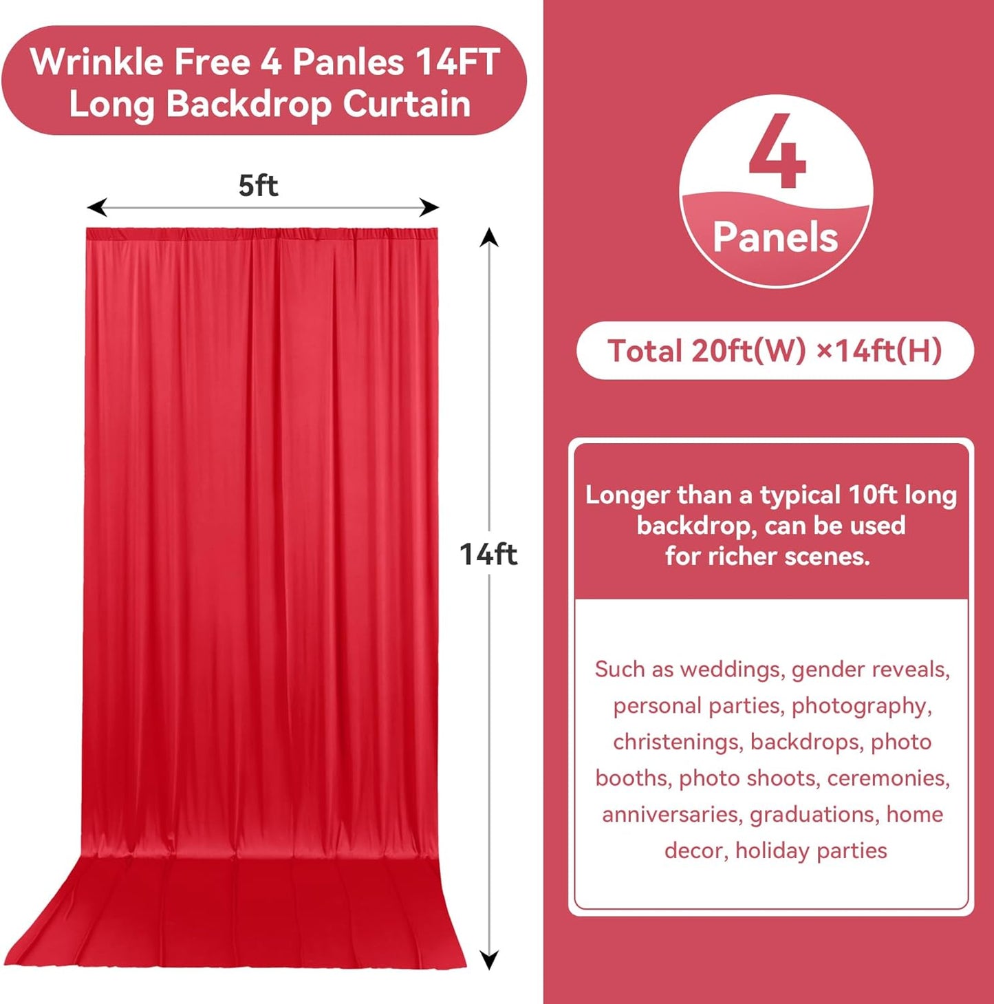20ftx14FT Wrinkle Free Red Backdrop Curtain, 4 Panels 14FT Height Red Wedding Backdrop Drapes, Silky Polyester Back Drop Cloth for Birthday Photography Background Party Backdrop Draping