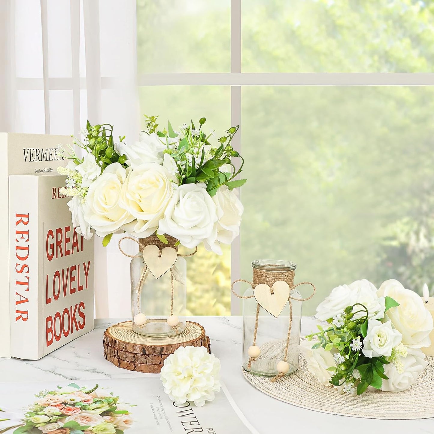 Vintage Glass Vases for Flowers, Set of 3 Mason Jar Vase Table Centerpieces for Farmhouse Room Decor, Wedding, Bridal Shower Bud Vase Set (Small)