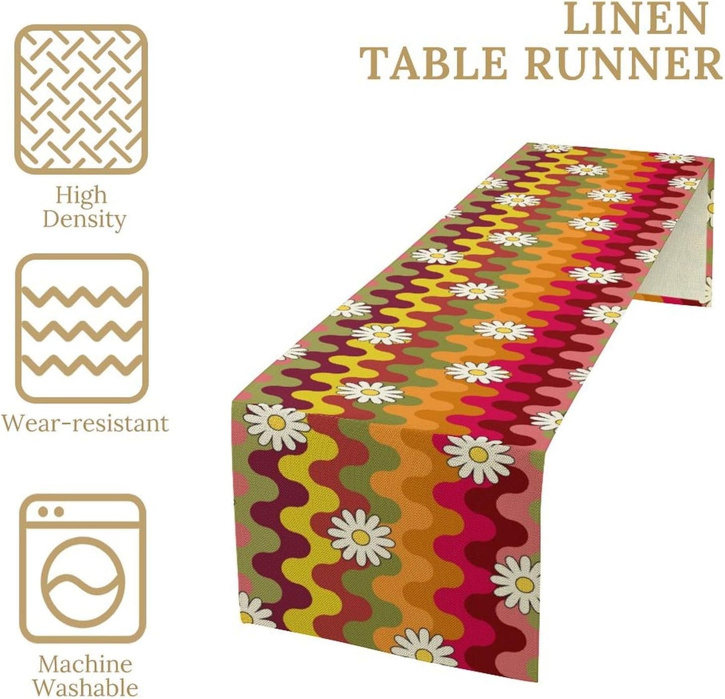 Vintage Floral Table Runner,60s 70s Colorful Retro Abstract Hippie Print Table Runner for Kitchen Dining Table Home Party Decoration 13x36 Inch