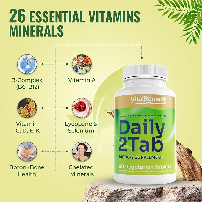 Daily2Tab - All You Need Multivitamin Plus Multimineral Formula. 26 Essential Nutrients for Women and Men, 60 Tablets