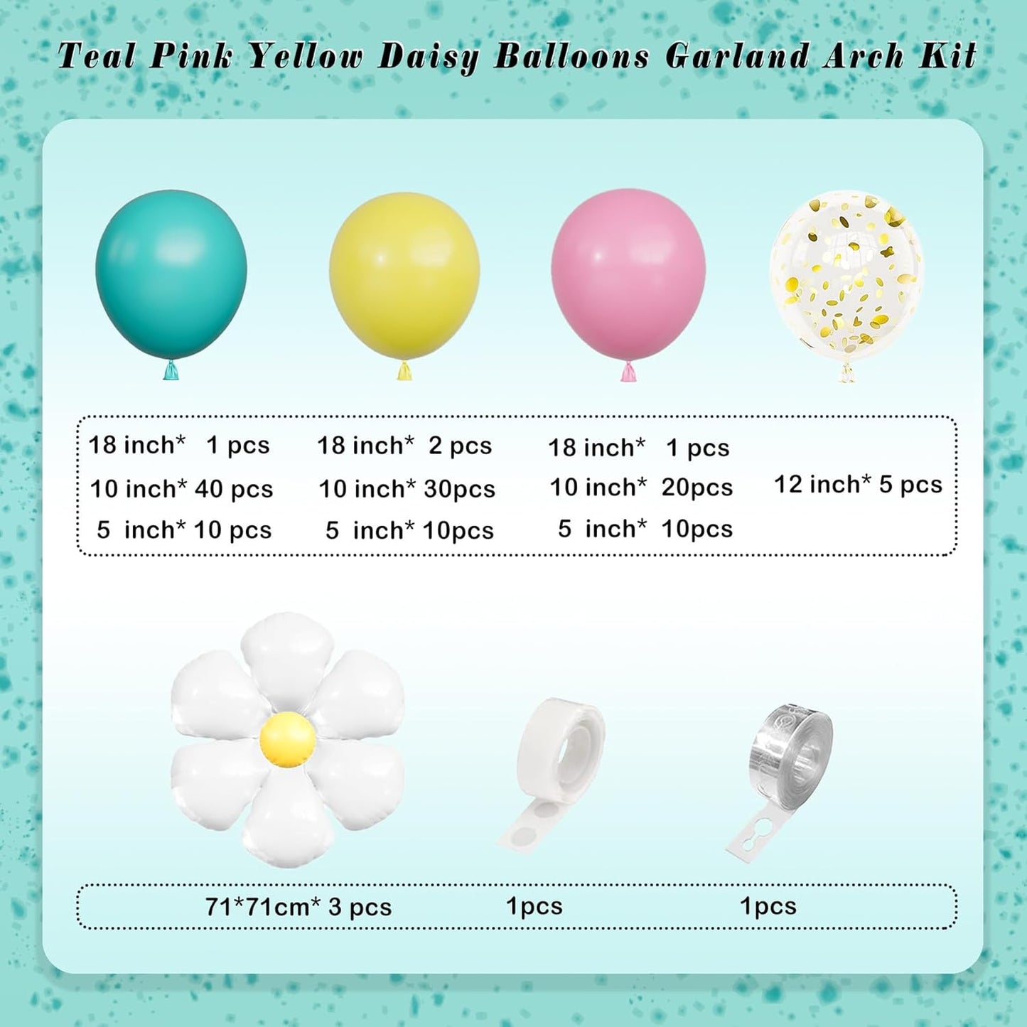 Teal Pink Yellow Daisy Garland Arch Kit, 132 Piece Blush Confetti Latex Metal Aluminum Foil Balloons for Girls Birthday Baby Shower Party Decor Supplies