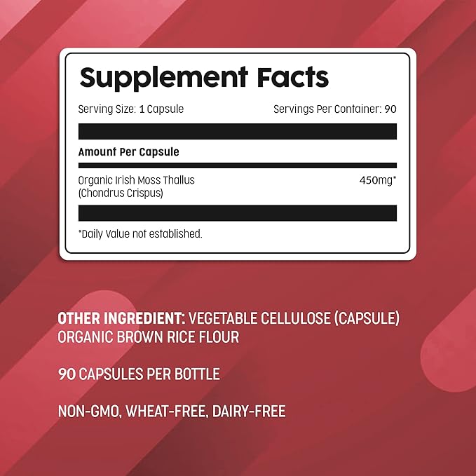 Ocean Optima Wild Irish Sea Moss Organic & Kosher, 100% Natural Sea Kelp Iodine Supplement, Minerals & Amino Acids for Thyroid, Hair Skin Nail, Digestion, Chondrus Crispus, Gym Essentials, 90 Caps