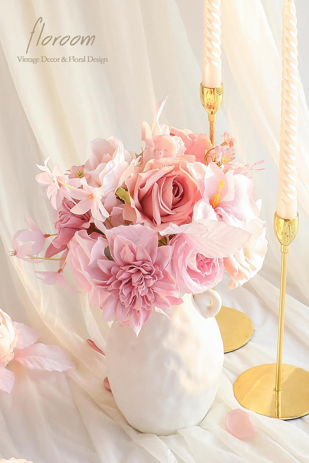 Floroom Blush Pink Artificial Flowers Fake Roses Peonies Dahlias and Greenery Combo Box Set for DIY Wedding Bouquets Bridal Shower Centerpieces Floral Arrangements Party Tables Home Decorations