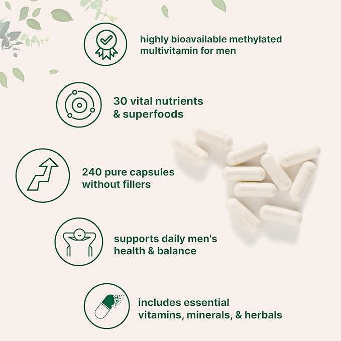 Pure Methylated Multivitamin for Men, 240 Capsules | 30 Key Nutrients with Vitamin C, D, E, B Complex + Methylfolate, lycopene, Saw Palmetto, Ginseng, & Maca | Men’s Daily Support | Filler Free