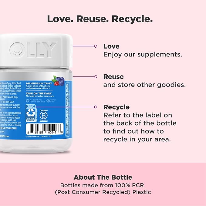 OLLY Glowing Skin Gummy, Hydrated & Youthful Skin,* Hyaluronic Acid, Collagen Peptides, Sea Buckthorn, Plump Berry Flavor, 25 Day Supply - 50 Count