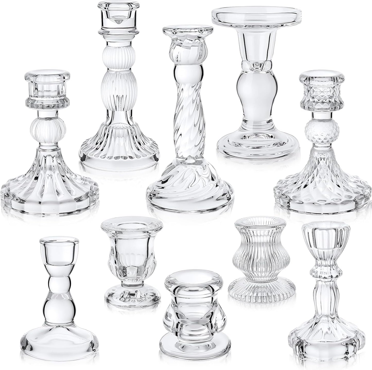 Mumufy 10 Pcs Glass Crystal Taper Candle Holders Clear Glass Candlestick Holder Fit 0.8 Inch Candles Crystal Decorative Candle Stand Centerpiece Table Wedding Dining Party (Classic,Clear)