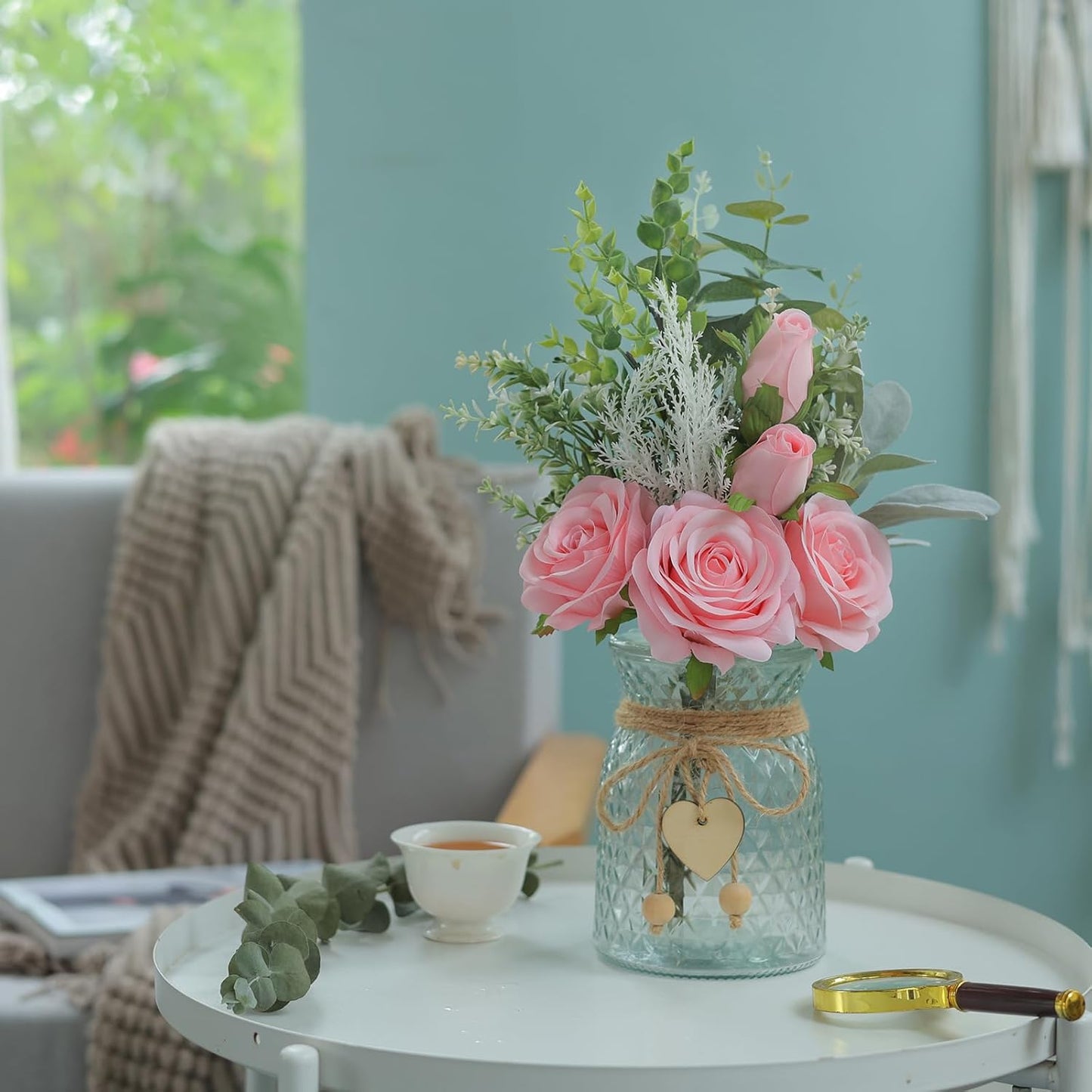 Faux Flowers with Vase,Artificial Silk Roses in Vase, Fake Plant Eucalyptus Flower Arrangement for Home Office Farmhouse Bathroom Dining Table Centerpiece Decorations Coffee Table Decor (Pink)