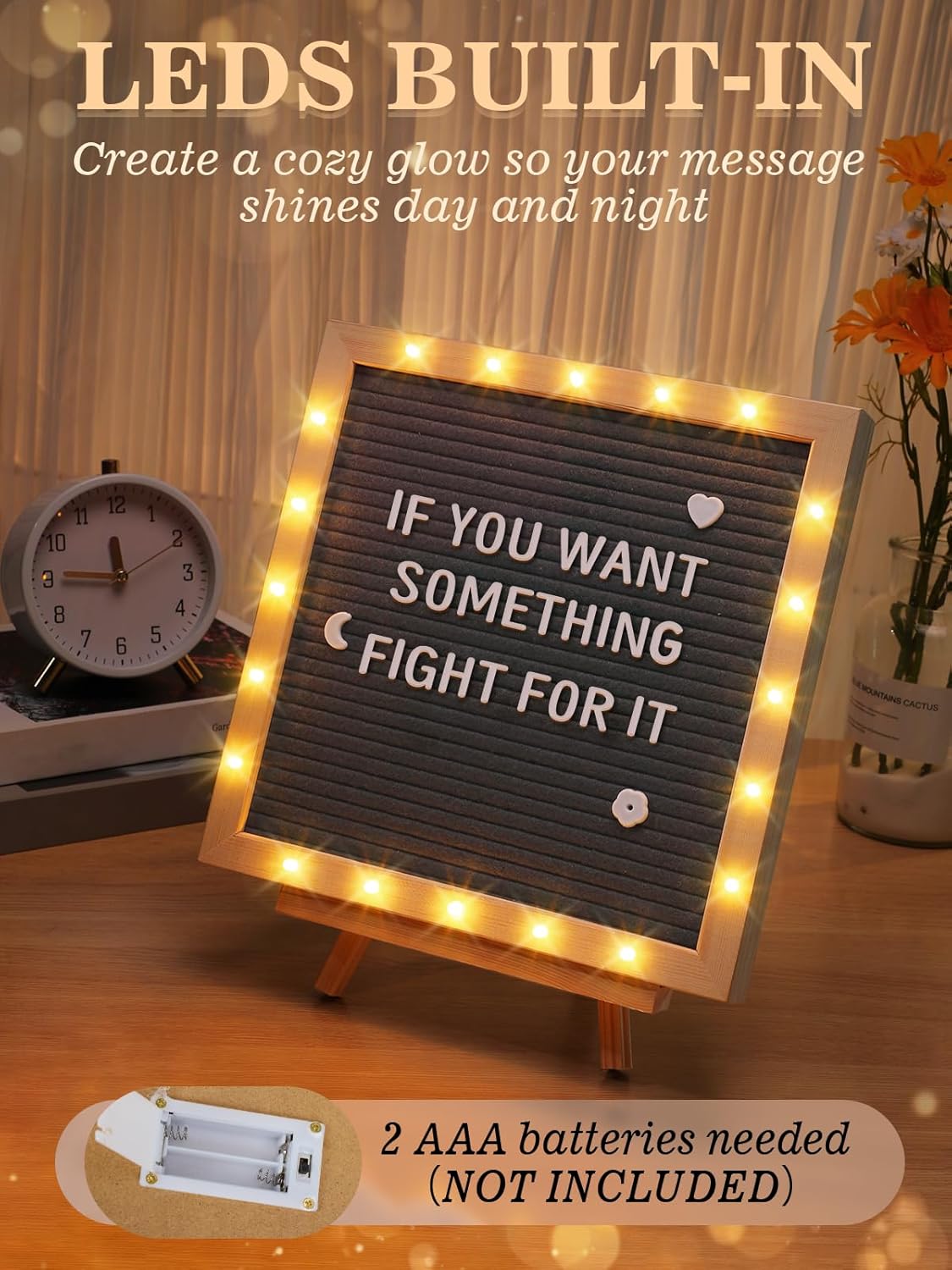 Light up Changeable Felt Letter Board Sign with LED Lights - 10×10" Message Board & Wood Stand & 450 Letters, for Halloween/Birthday/Event/Pregnancy/Baby Announcement/Home Wall Decor Gifts, Grey