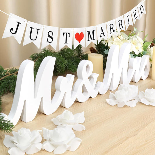White Wooden Mr and Mrs Signs for Wedding Table, Wooden Wedding Table Signs for Ceremony and Reception - Centerpiece Decorations with Just Married Banner Gifts