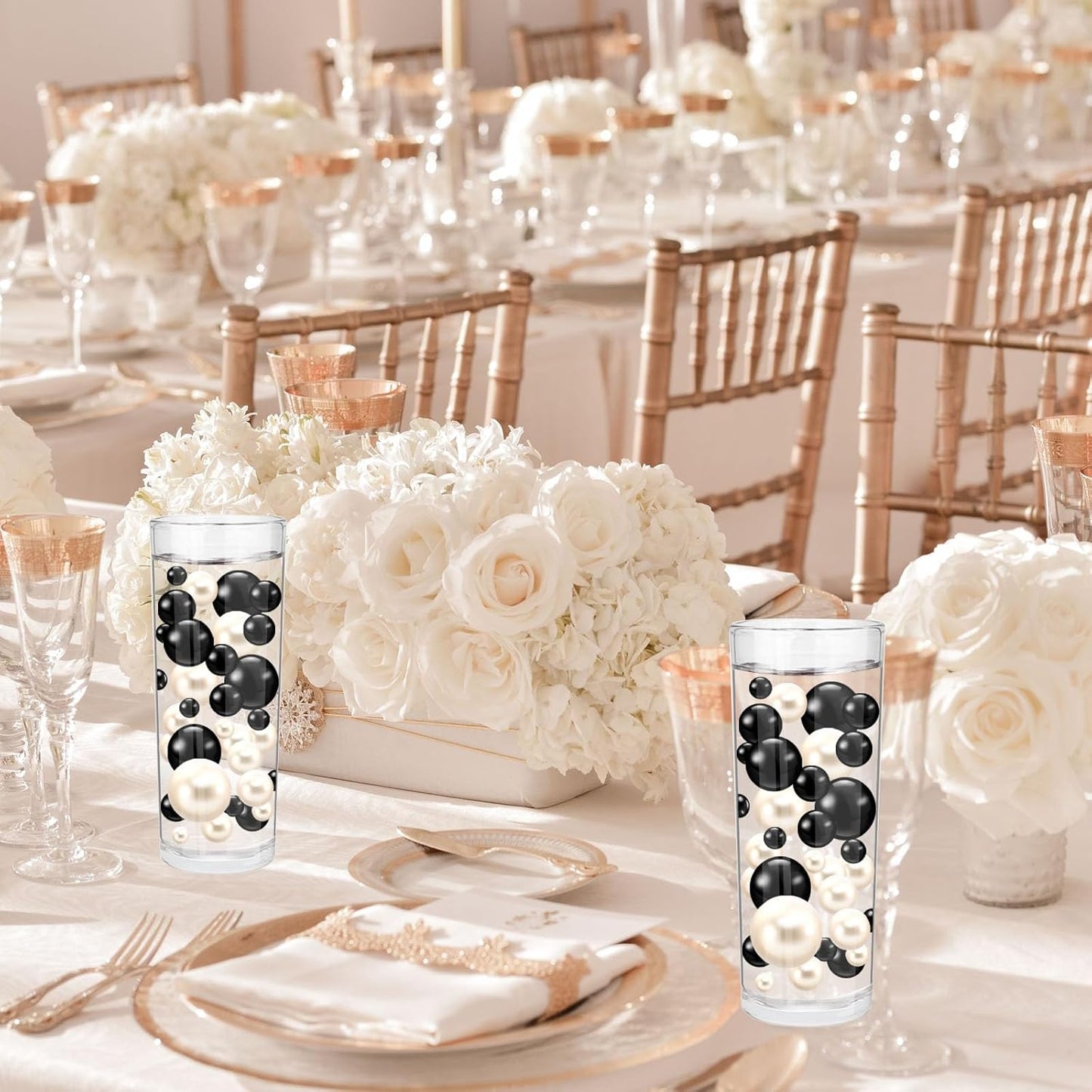 100PCS Black White Faux Pearls Beads for Centerpiece Vases, Vase Filler Faux Pearls, No Holes Filler Beads for Party Anniversary Birthday Wedding Table Decor, 14/20/30mm