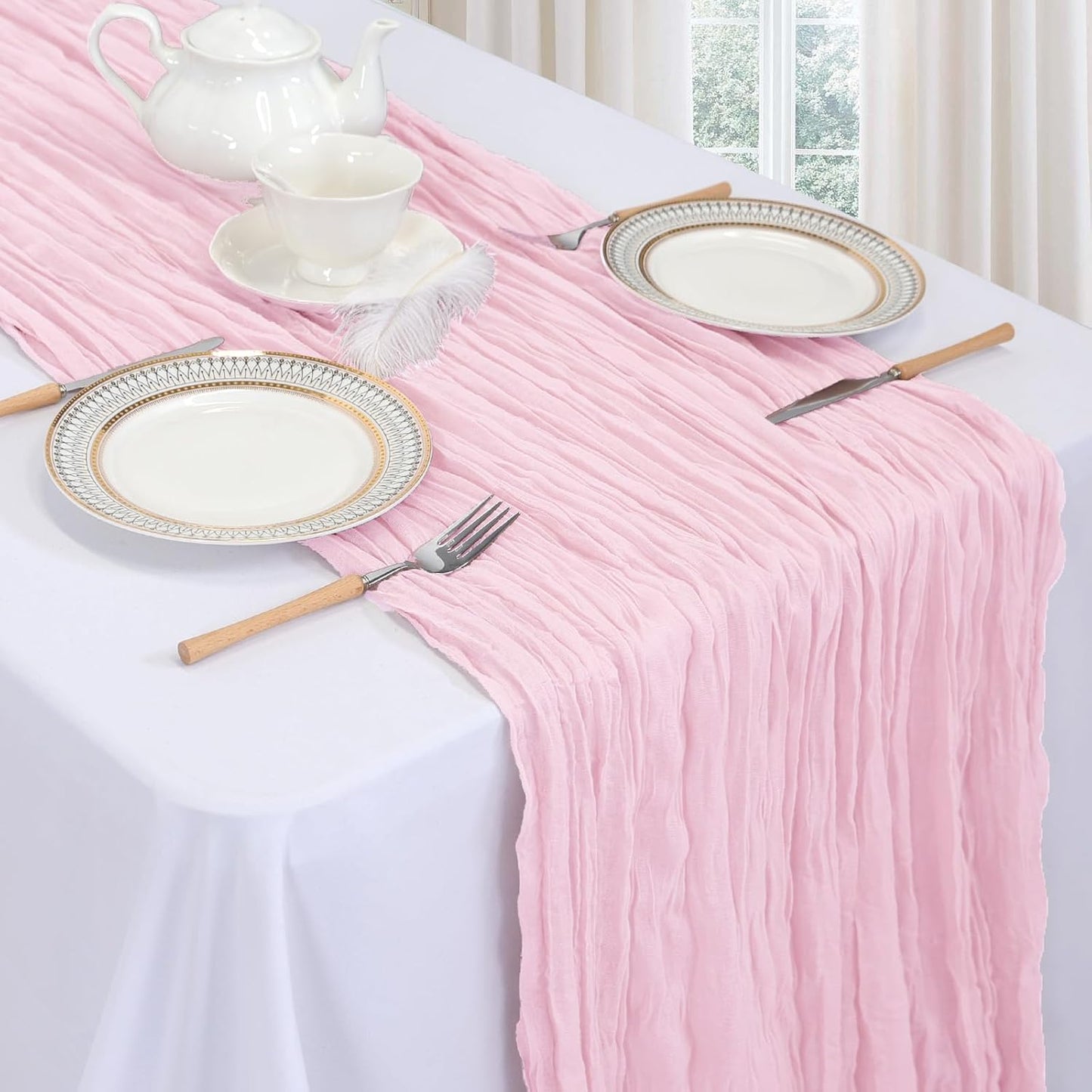 6 Pack Pink Table Runner 10ft Boho Gauze Fabric Cheesecloth Table Runner 35 x 120 Inch Rustic Sheer Runner for Romantic Wedding Centerpiece Decor Baby Shower Party Table Decoration