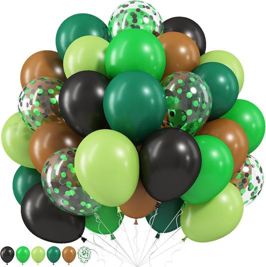 Green Brown Balloons, 60 Pcs 12 Inch Dark Green Black Confetti Balloons for Boys Men Kids Video Game Theme Jungle Safari Baby Shower Woodland Hunting Graduation Camo Birthday Army Party Decorations