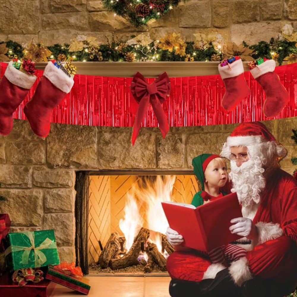 BEISHIDA 3 Packs 30 Feet Metallic Foil Fringe Garland Tinsel Streamers，Shiny Red Wall Hanging Tinsel Fringe Banners for Wedding Birthday Party Decoration Halloween Christmas New Year