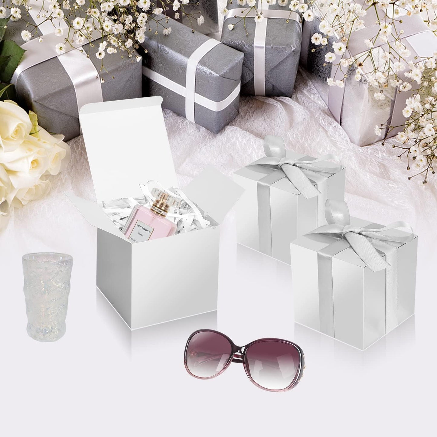 Silver Gift Boxes 5x5x5, 30 Pack Paper Gift Boxes with Lids for Gift, Bridesmaid Proposal Box, Cupcake Boxes, Gift Box for Wedding, Birthday, Groomsmen Proposal, Gifts, Packaging, Present