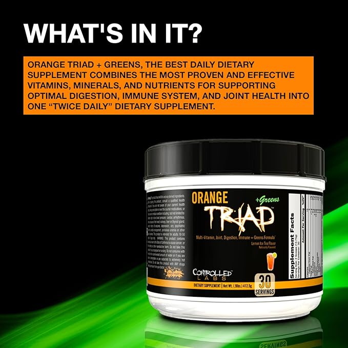 CONTROLLED LABS Orange Triad Plus Greens for Men and Women, 30 Servings Iron Free Sports Supplement for Overall Health, Multivitamin, Digestion, Immune System, and Joint Health