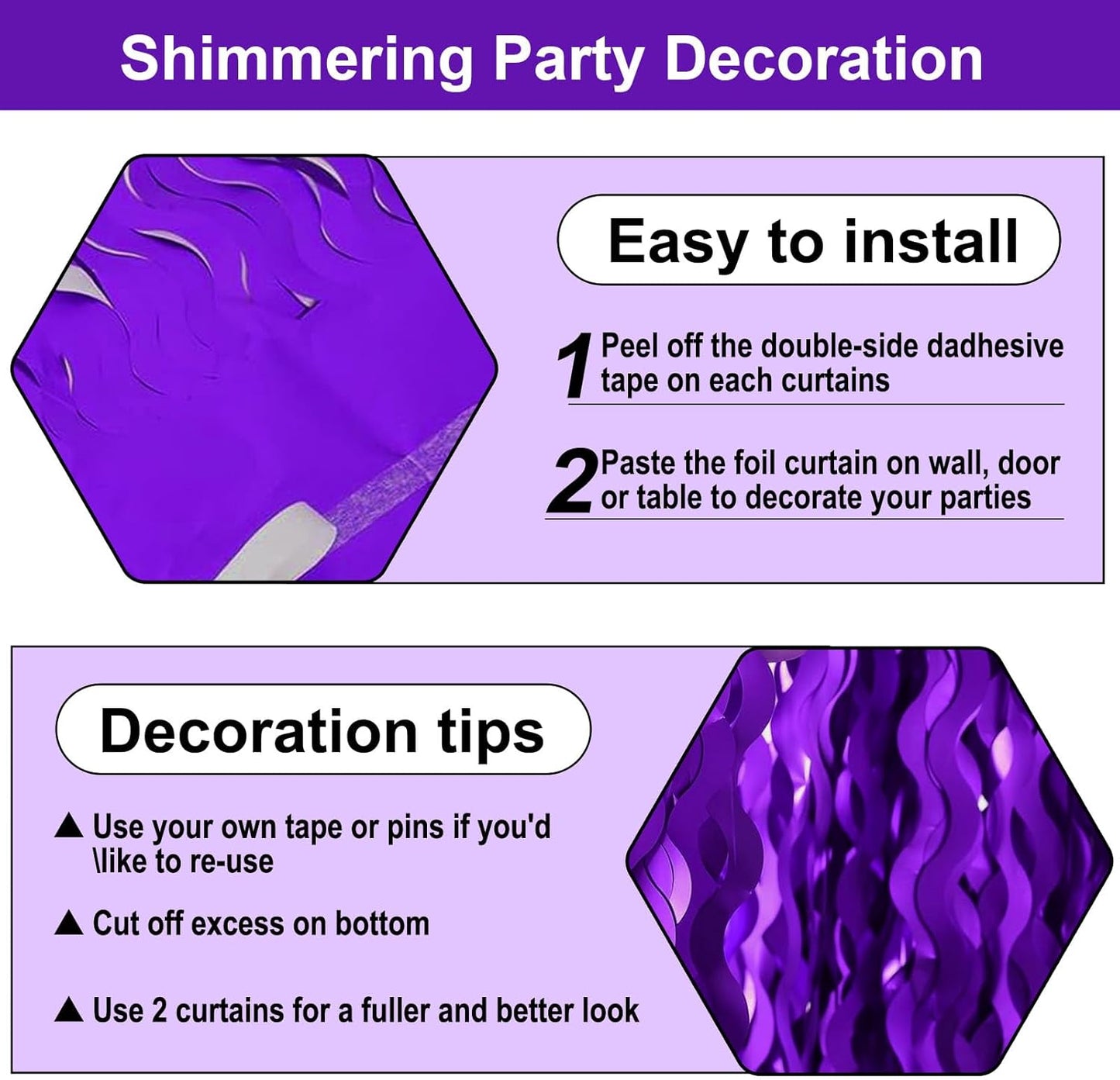 4 Pack Purple Wave Foil Fringe Curtain Backdrop, 3.28Ft x 8.2Ft Metallic Tinsel Foil Fringe Streamer Curtains for Photo Booth, Mother's Day, Easter, Birthday, Wedding Party Decoration