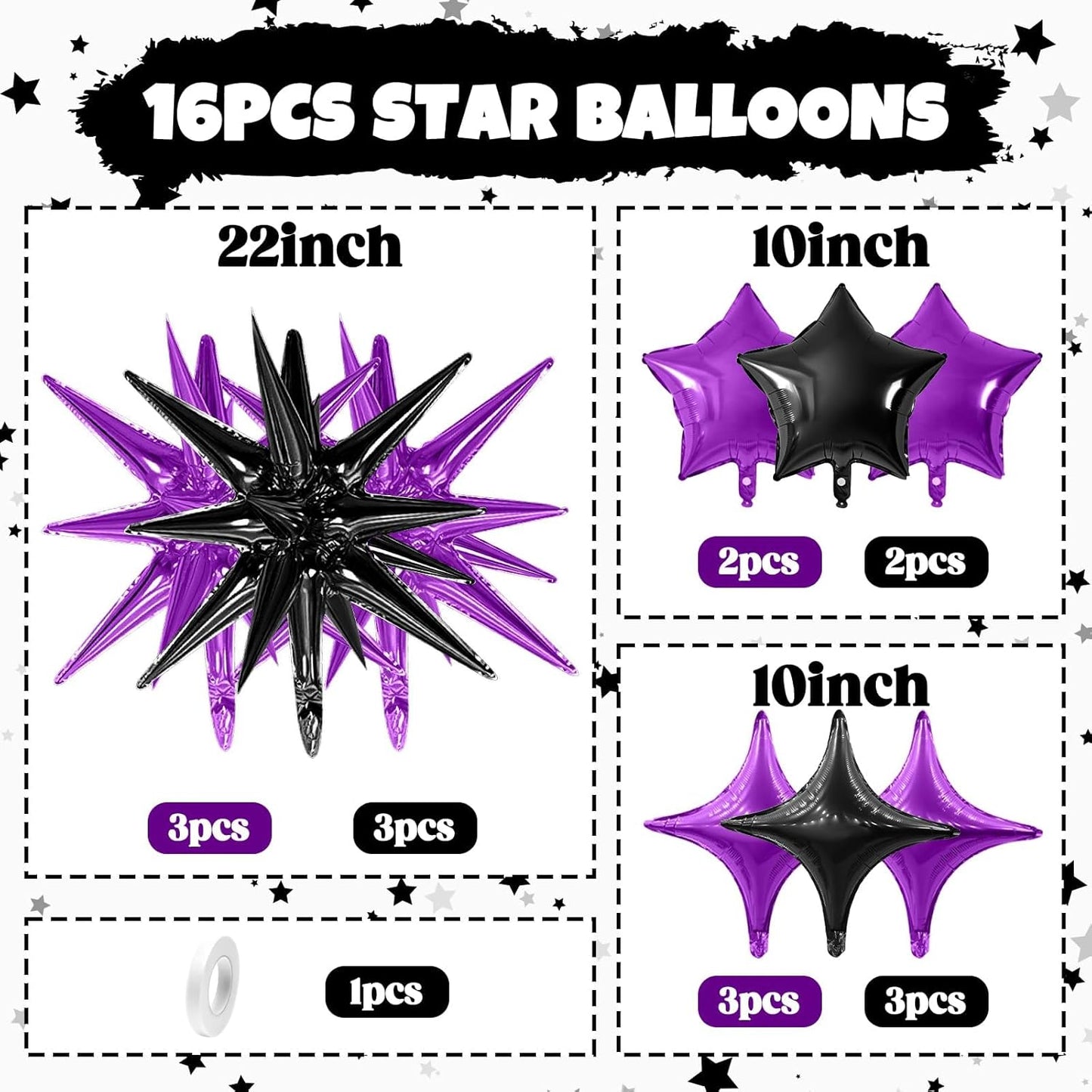 Purple Black Star Balloon,16Pcs Star Foil Balloons Set with 22Inch Explosion Spike Cone Balloons and 10Inch Quadrangle Helium Balloon for Birthday Wedding Baby Shower and Halloween Party Decorations